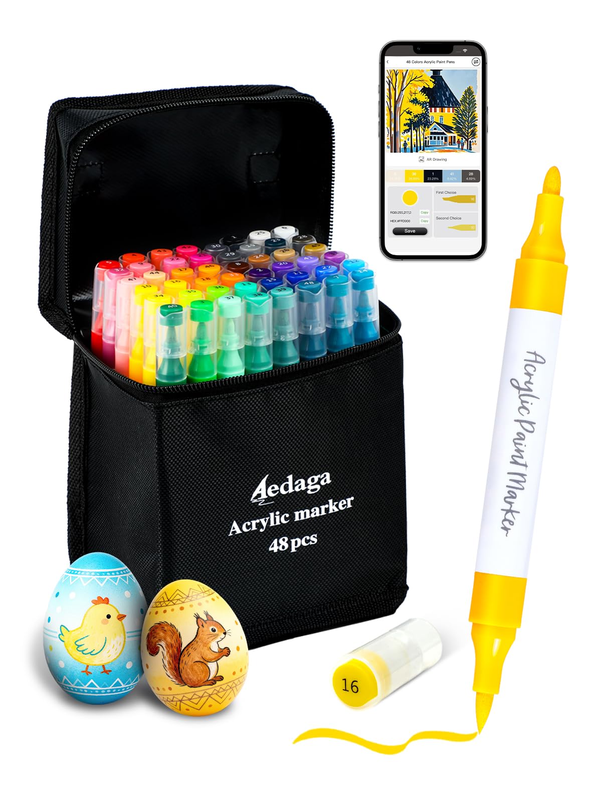Fnooota 48 Colors Acrylic Paint Pens with Free App, Dual Tip Acrylic Paint Markers with Brush Tip and Fine Tip for Adults, Eggs, Wood, Rock, Canvas, Plastic, Stone, Glass, Ceramic