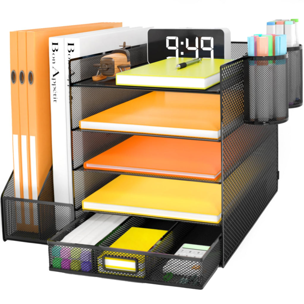 Desk Organizer with File Holder, 5-Tier Letter Paper Tray Organizer with Drawer & 2 Pen Holders, Desk Organizers and Accessories, Mesh Desktop File Organizer and Storage for Office Supplies