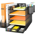 Desk Organizer with File Holder, 5-Tier Letter Paper Tray Organizer with Drawer & 2 Pen Holders, Desk Organizers and Accessories, Mesh Desktop File Organizer and Storage for Office Supplies