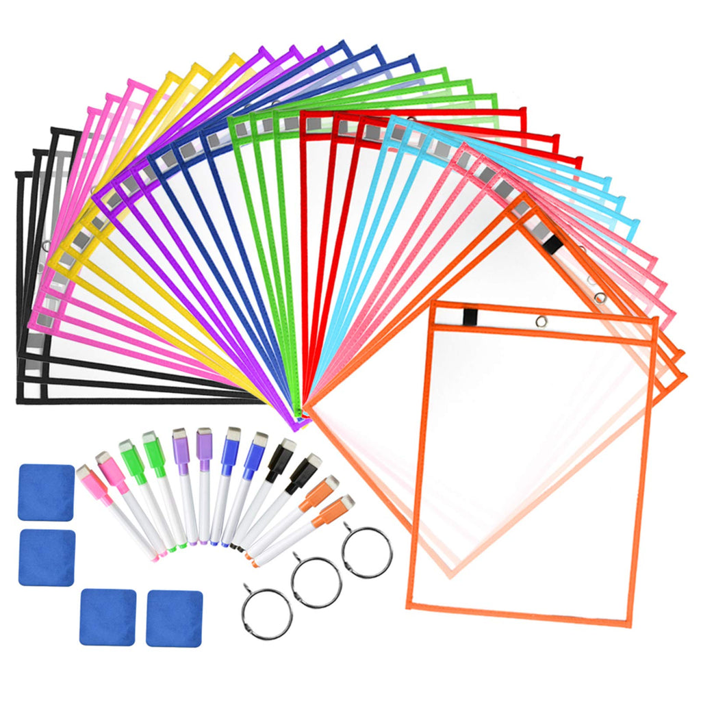 Dry Erase Pockets Sheet Protectors 30 Pack Reusable Oversized 10" x 13" Clear Durable Plastic Sleeves with 12 Pens, 4 Erasers and 2 Rings for Classroom Organization, Teacher and School Supplies
