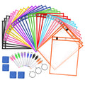 Dry Erase Pockets Sheet Protectors 30 Pack Reusable Oversized 10" x 13" Clear Durable Plastic Sleeves with 12 Pens, 4 Erasers and 2 Rings for Classroom Organization, Teacher and School Supplies