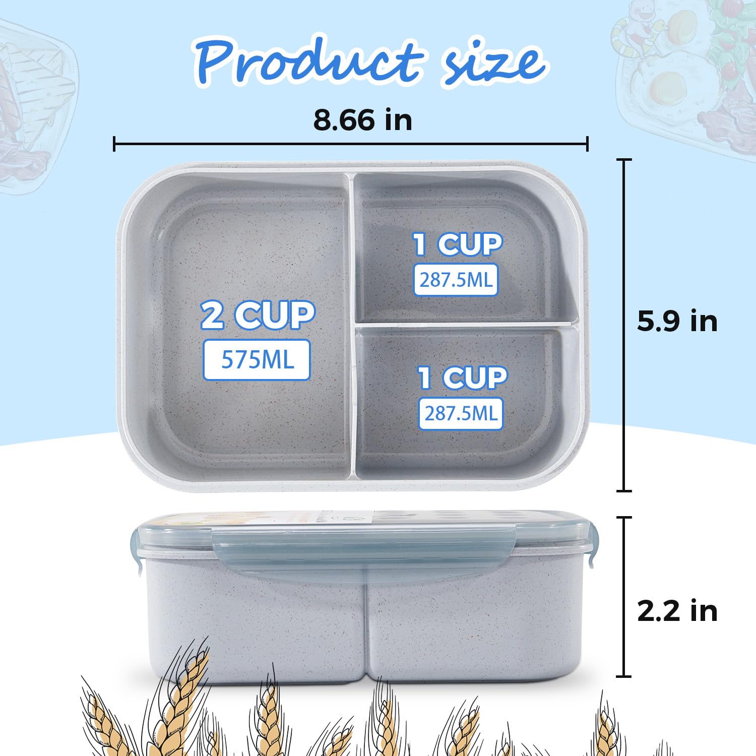 MISS BIG® Bento Box, Adult, Leak Proof Lunch Containers, No BPAs, Microwave & Dishwasher Safe, 1900ml Gray