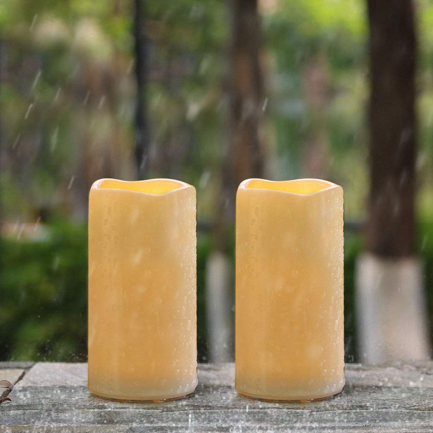 AMAGIC Outdoor Waterproof Flameless Candles Flickering, Fake LED Pillar Candles, Battery Operated Candles with Remote Control and Timer, Ivory, Set of 2, 3" x 6"