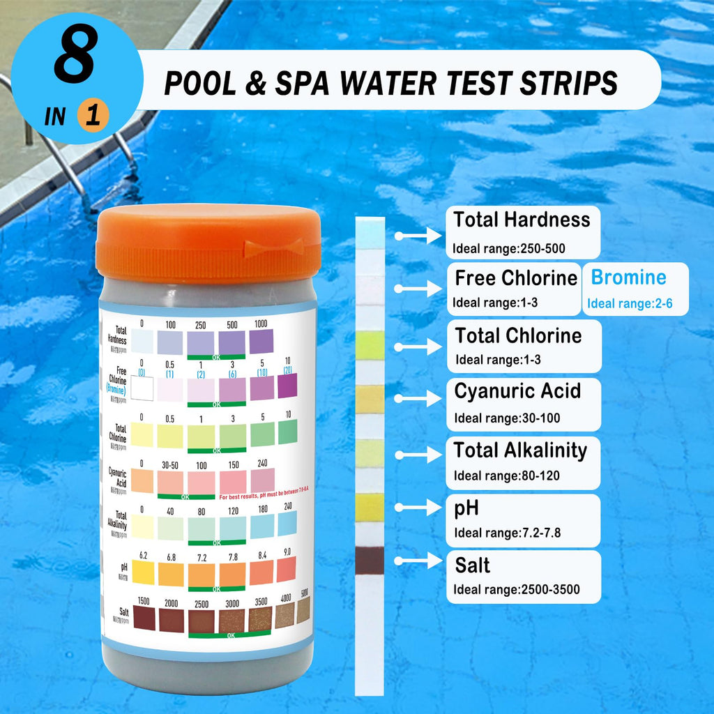 GAOQSEMG 8 in 1 Pool and Spa Test Strips, Salt Pool Test Strips Hot Tub Saltwater Testing Kits Quick & Accurate Testing Salt,Bromine,Chlorine,pH,Hardness,Cyanuric Acid,Alkalinity,100 Strips