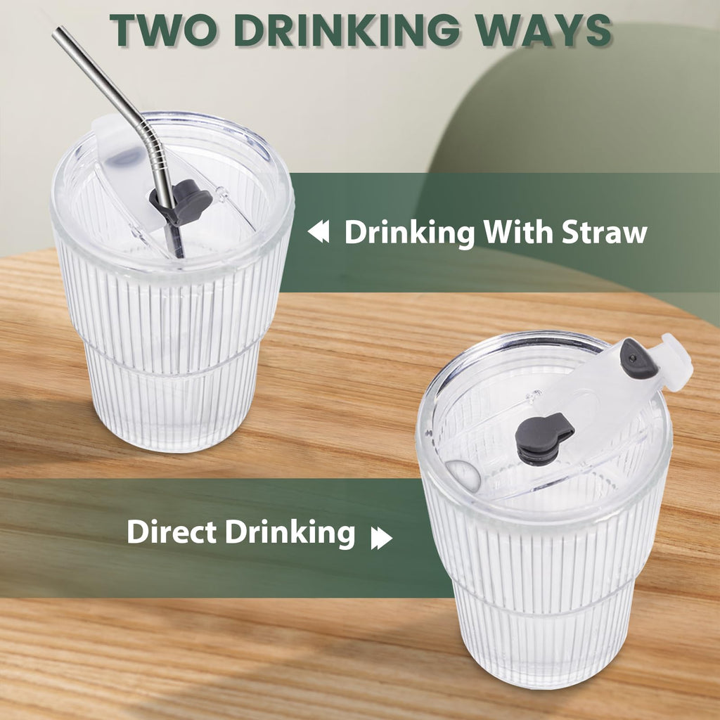 HIGIINC Iced Coffee Cups with Lids and Straws 4 Pcs, 16 OZ Unbreakable Glasses Drinking Set,Clear Plastic Cups Reusable Iced Coffee Tumbler with Lid and Straw, on The Go Coffee Cups Dishwasher Safe