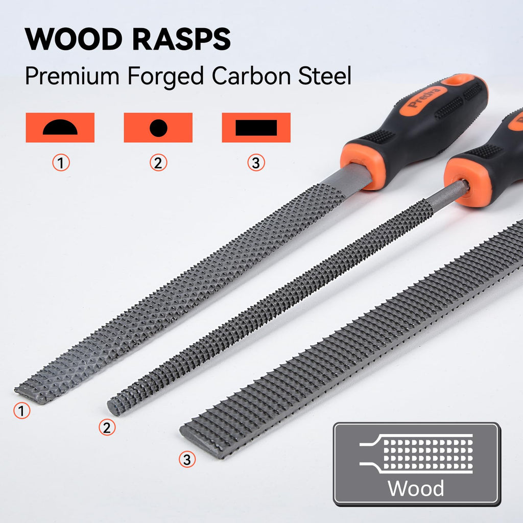 Preciva 3PCS Files Set, Wood Rasps High Carbon Steel File Set includes Flat File, Round File & Half Round File Used for Wood Manual Cutting and Polishing