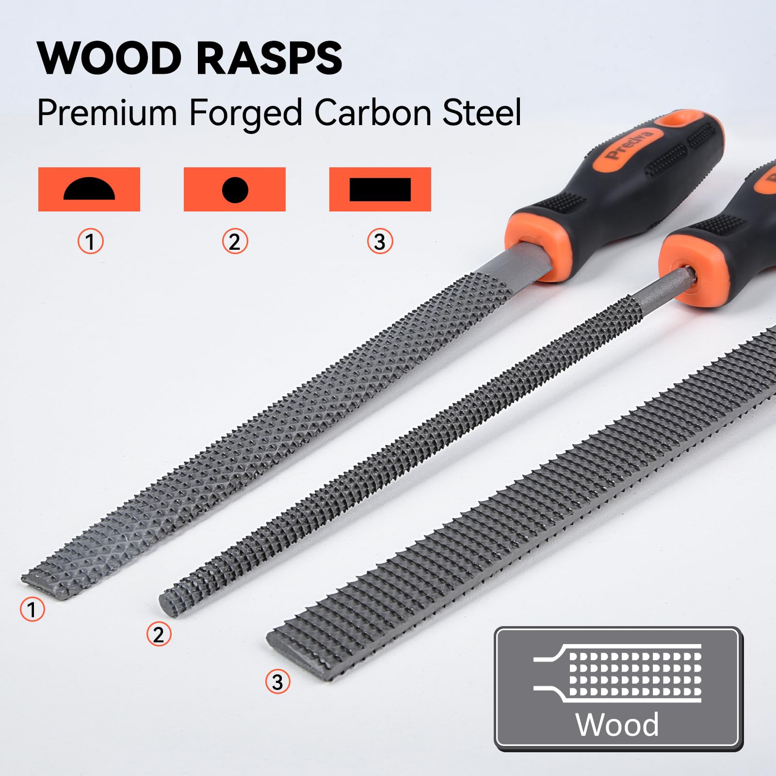 Preciva 3PCS Files Set, Wood Rasps High Carbon Steel File Set includes Flat File, Round File & Half Round File Used for Wood Manual Cutting and Polishing