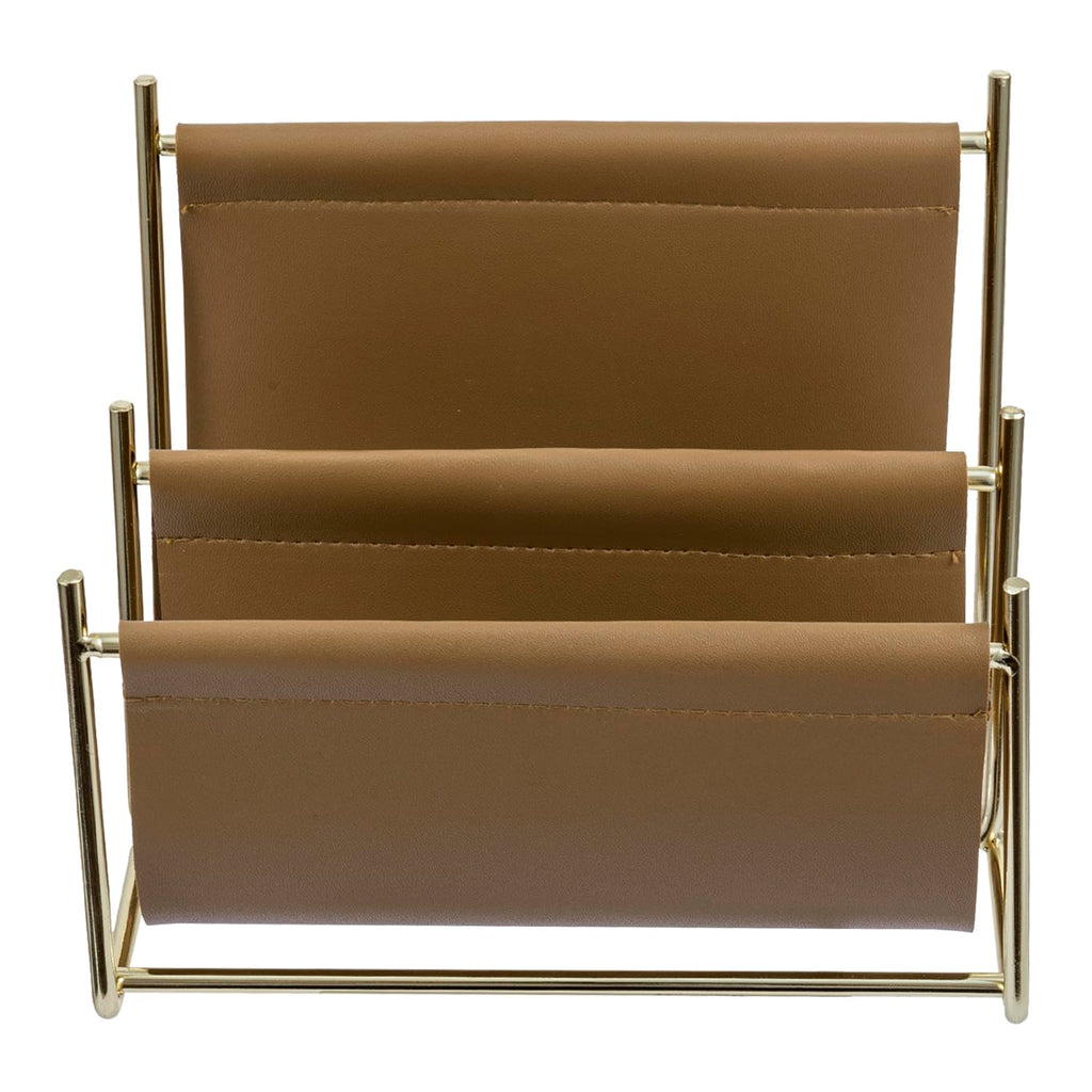 MyGift 2 Slot Modern Mail Holder, Deluxe Brass Tone Metal and Toffee Brown Leatherette Sling Entryway or Desktop Tabletop Letter Sorter