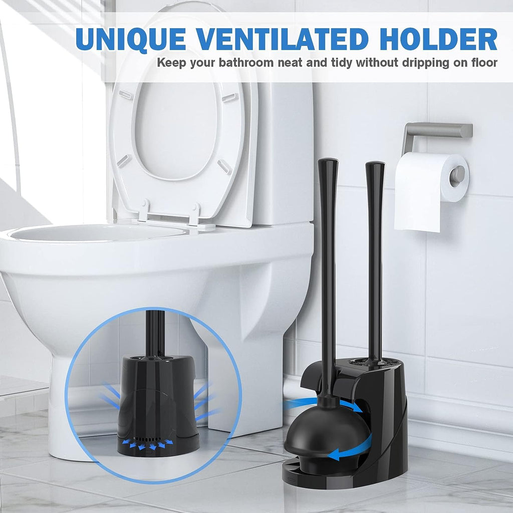 Toilet Plunger and Brush with Holder, Bowl Brush and Heavy Duty Toilet Plunger Set for 5.7-inch Toilet Drain, 2-in-1 Bathroom Cleaning Combo with Modern Caddy Stand (Black)