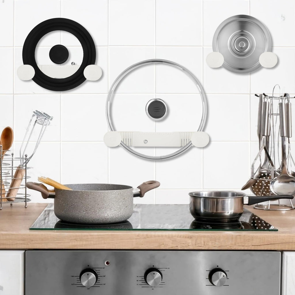 YONGJIA New Upgrade 4 Pack Adjustable Pot Lid Holder, Lid Organizer Fits 6" to 14" Lids, with Screw Hole Position and Sticky Wall Mounted Lid Storage Kitchen Cabinets, Cabinet Doors (WHITE)