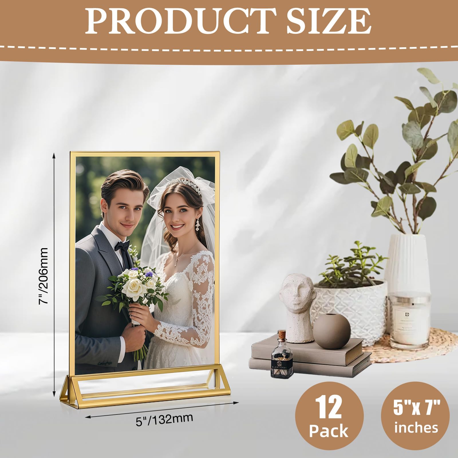 RUITENG 12 Pack Acrylic Sign Holder, 5x7 Clear Gold Frame Display Stand, Double Sided Picture Menu Flyer Holders, Wedding Table Number Frames for Cards Photo Party Decoration (5" x 7")