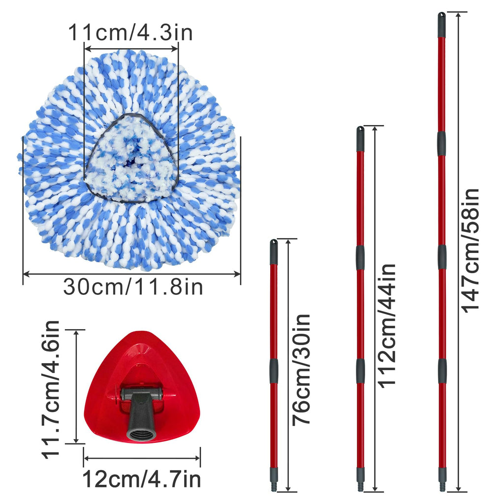 Spin Mop Replace Head, Mop Handle and Base Compatible with Vileda RinseClean 2-Tank System, 3 Mop Replacement Head, 4-Section Sturdy Iron 30-58in Mop Handle and 1 Triangle Mop Head Cover Combo Set