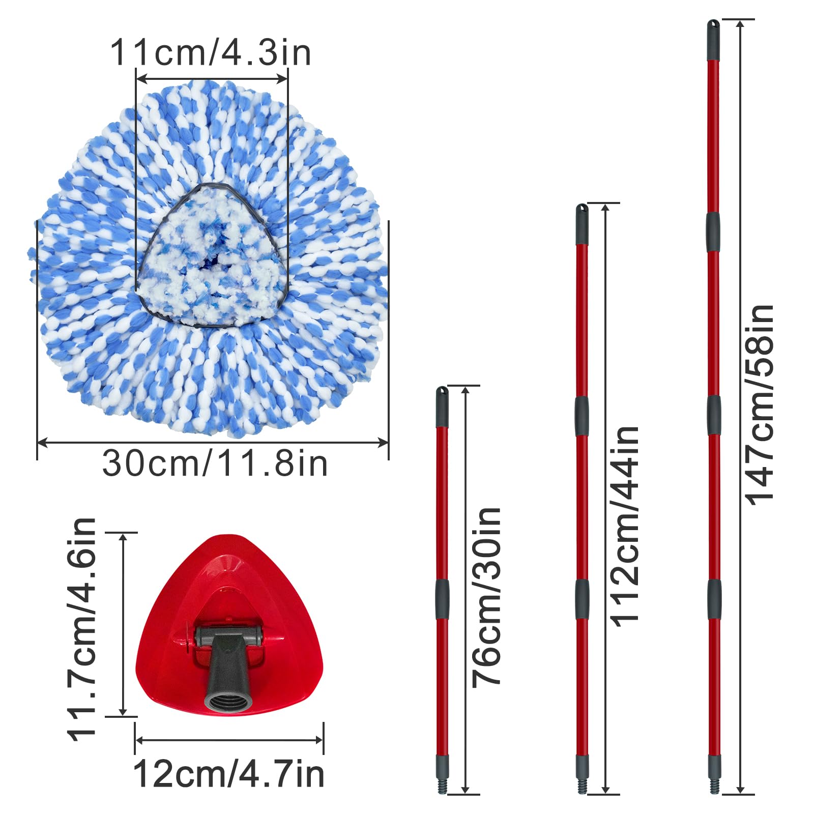 Spin Mop Replace Head, Mop Handle and Base Compatible with Vileda RinseClean 2-Tank System, 3 Mop Replacement Head, 4-Section Sturdy Iron 30-58in Mop Handle and 1 Triangle Mop Head Cover Combo Set