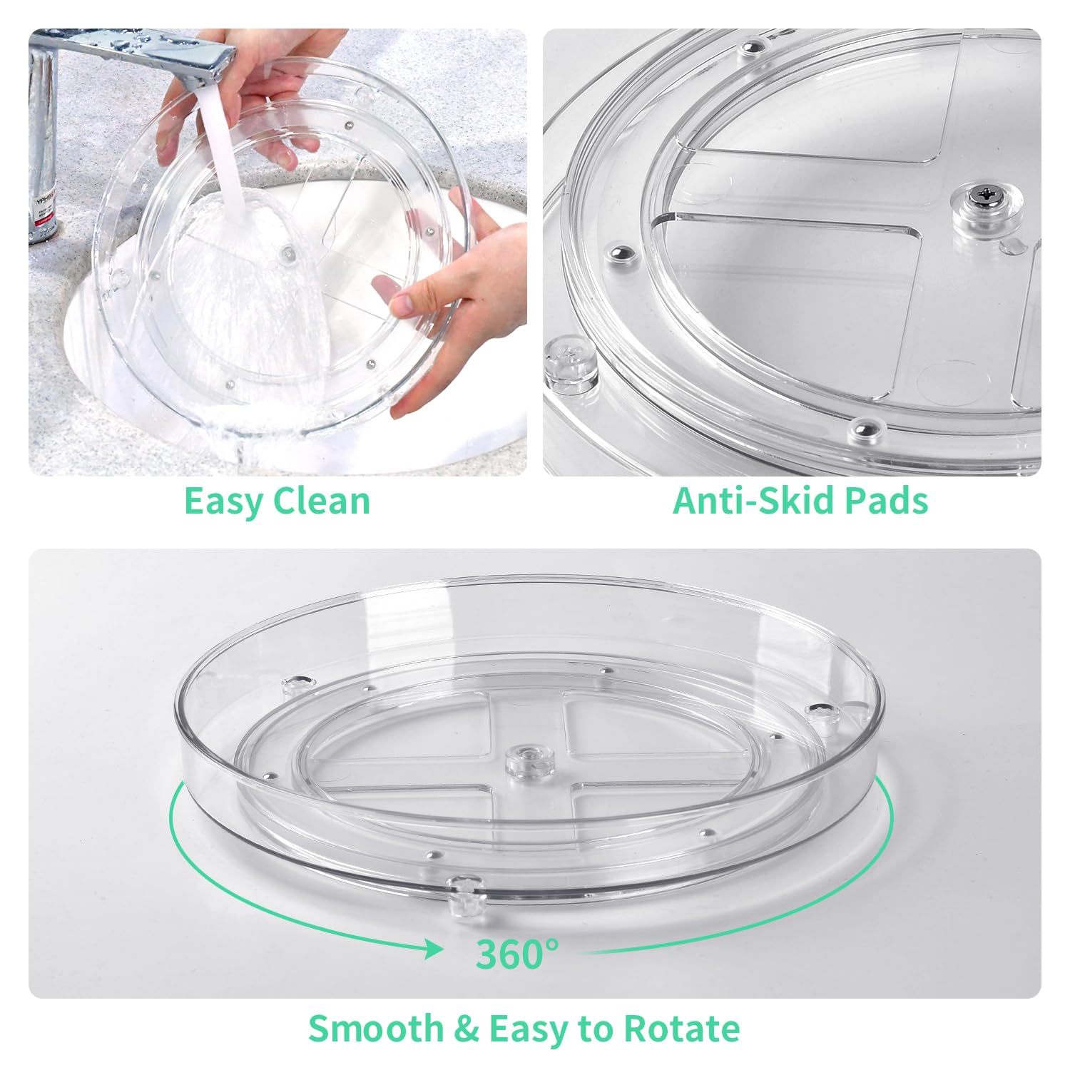3 Pack Clear Lazy Susan Turntable Cabinet Organizer, 9 Inch Rotating Plastic Storage Tray for Cabinets, Countertops, Table, Fridge Pantry