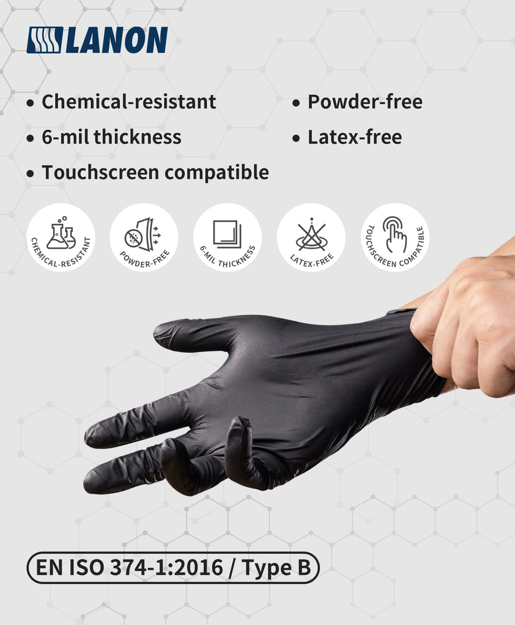 LANON 6 mil Black Nitrile Disposable Gloves, EN ISO 374 Chemical Resistant, Heavy-Duty, Mechanic, Textured Fingertips, Latex-Free, Large