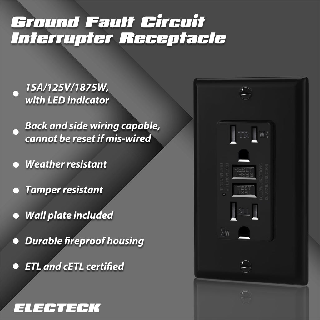 ELECTECK GFCI Outlets 15 Amp, Outdoor Weather Resistant (WR), Decor GFI Receptacles with LED Indicator, Ground Fault Circuit Interrupter, Wallplate Included, ETL Certified, Black
