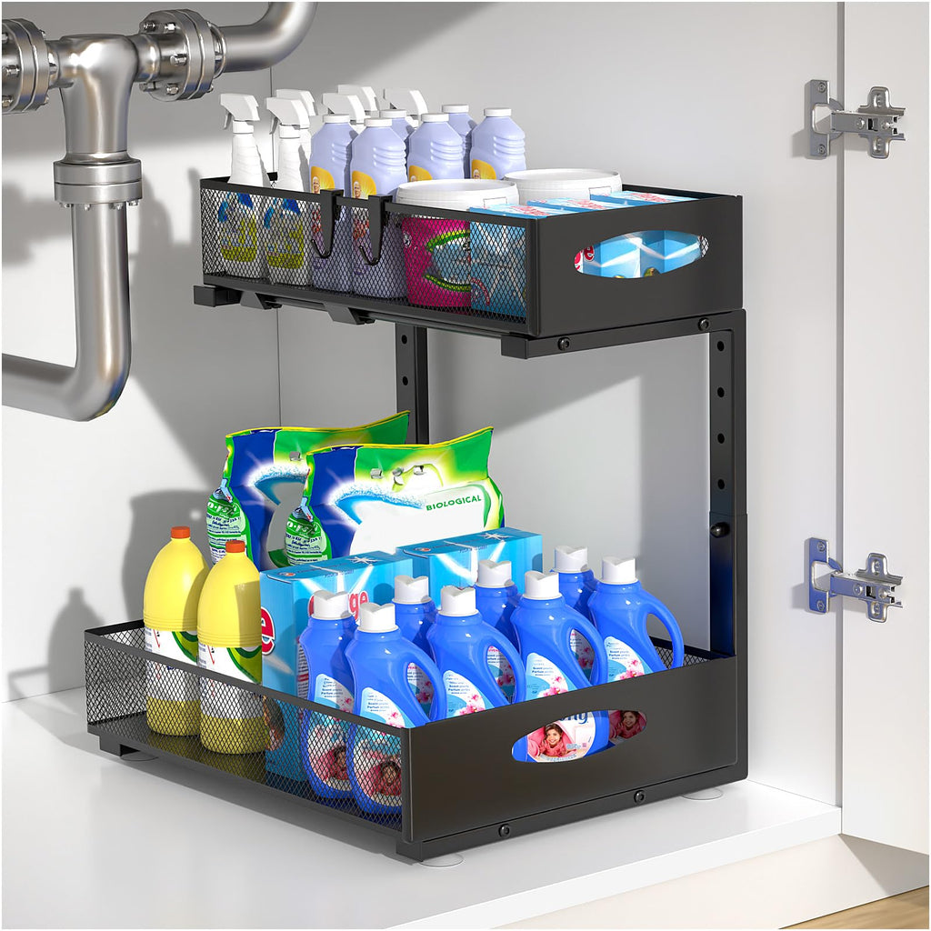 Housolution 1 Pack Large Under Sink Organizer, 2 Tier Metal Pull Out Under Sink Storage with Sliding Mesh Drawers, Height Adjustable Slide Out Under Cabinet Organizer for Kitchen Bathroom, Black