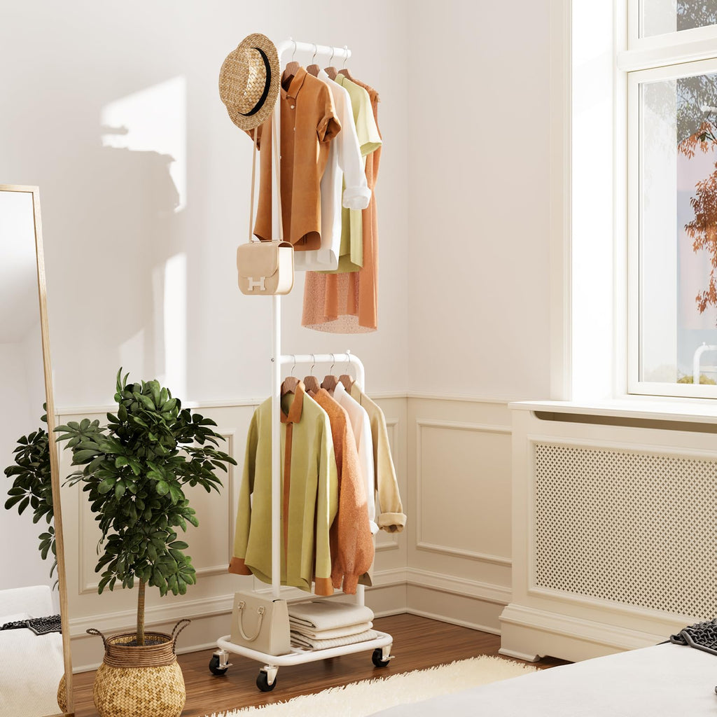 Gasvadivum Small Clothes Rack with Wheels, 71" Portable Rolling Clothing Rack with Bottom Metal Shelf, Garment Rack with Hanging Rod, Sturdy Freestanding Coat Rack for Bedroom, Entryway, White