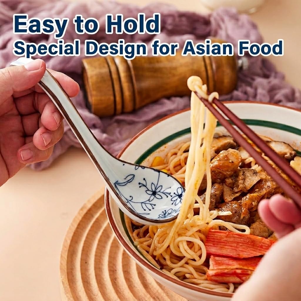 Asian Soup Spoons Set of 4, Ceramic Ramen Soup Spoon with Long Hook Handle, Deep Asian Spoon for Pho, Chinese Wonton, Dumplings, Japanese Miso, Udon, Dishwasher Safe, Blue and White