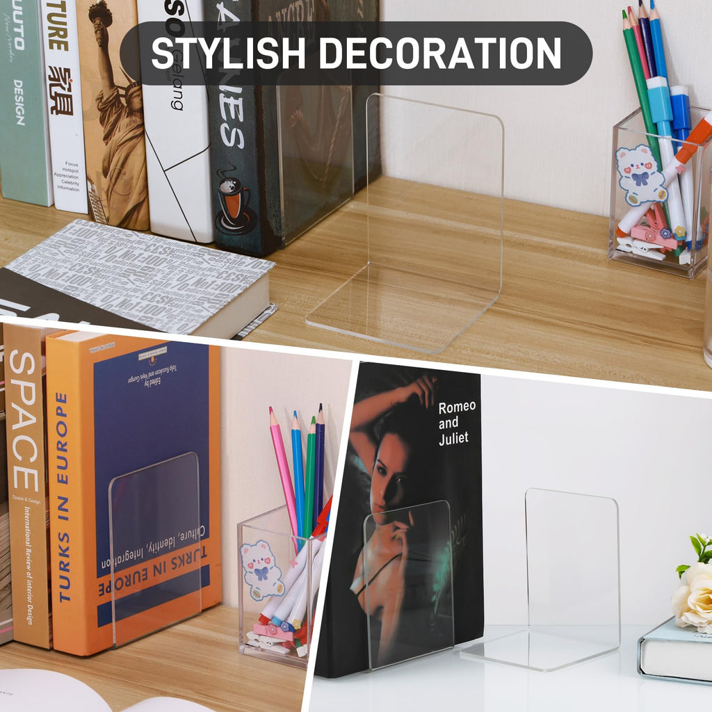 JIANTA 4 Pairs Acrylic Book Ends, Clear Acrylic Bookends for Book Shelves, Plastic Book Ends Desktop Book Organizer Decoration Gift Stationery Supplies for School Office Library