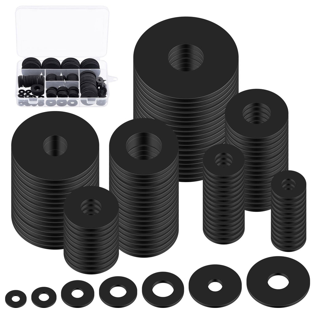 Swpeet 175Pcs 7 Sizes Flat Rubber Washers Assortment Kit, 10/12/16/18/20/25/30mm Heavy Duty Black Rubber Grommet Vibration Damping Pads, Rubber Bushing Gasket Kit for Appliances Faucets Screws Bolts
