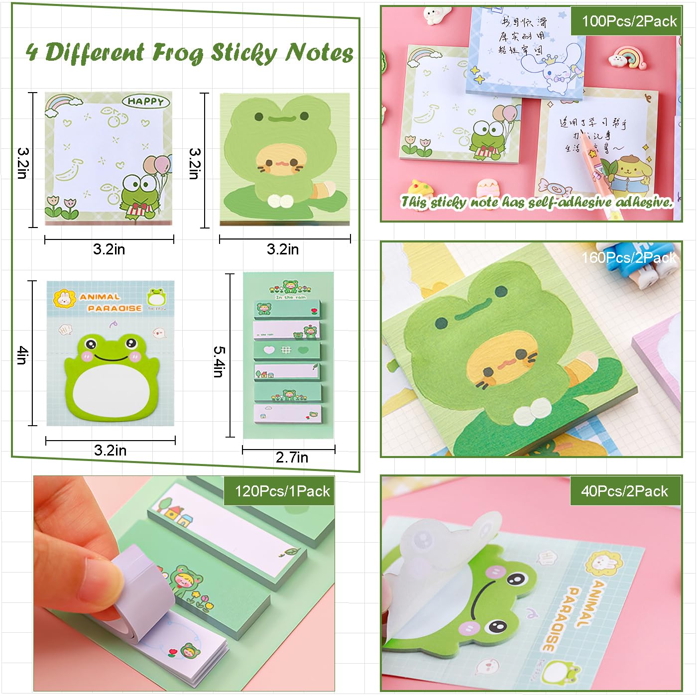 400Pcs Cute Frog Stationery Set, Kawaii Office Supplies Includes Fun Pencil Case Gel Ink Pens, Cartoon Sticky Notes Mini Notebooks Stickers Card Case As Bulk Party Gifts(Frog)