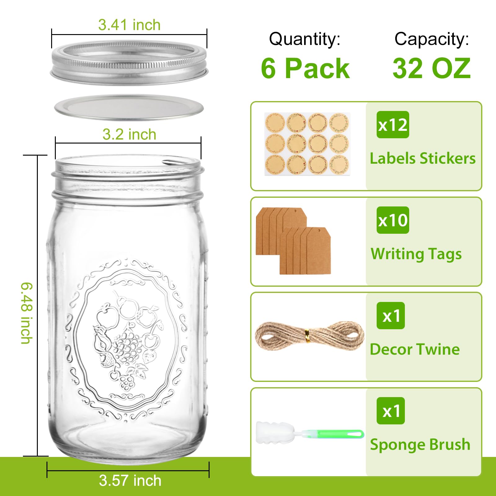 HWASHIN Wide Mouth Mason Jars 32 oz, 6 Pack Quart Canning Jars with Airtight Lids and Bands, Clear Glass Mason Jars for Canning, Pickling, Preserving, Meal Prep