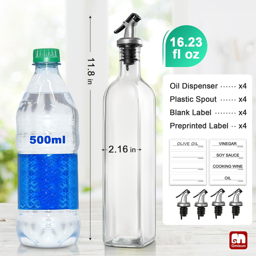 GMISUN Olive Oil Dispenser Bottle, Oil Dispenser Bottle for Kitchen, Cooking Oil and Vinegar Dispenser Set 4 Pack, Glass Oil Container Cruet-Oil Pourer Spout, Funnel and Labels, Clear for Oil, Vinegar
