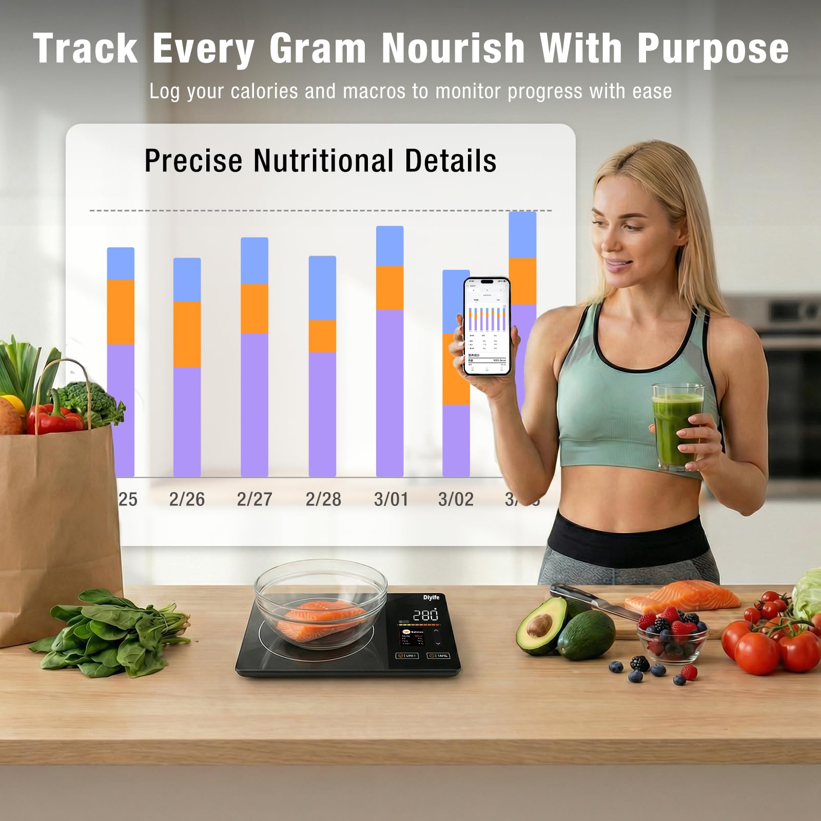 Smart Food Scale with Nutritional Calculator, [TFT Colorful Display] 5kg Nutrition Scale with App, 25 Nutrients Tracking, Calorie, Macro, Keto, Weight Loss, Tare, 5 Units for Meal Prep & Baking