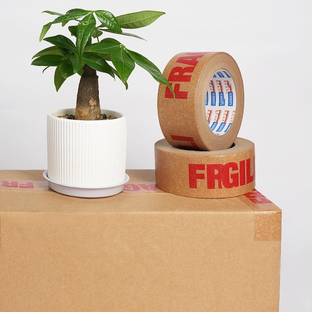 ADHES Fragile Tape Kraft Paper Tape - 2in x 55yds, 3 Rolls, Strong Adhesive, Eco-Friendly Biodegradable Paper Packing Tape for Shipping & Moving, Heavy Duty Protection for Fragile Items