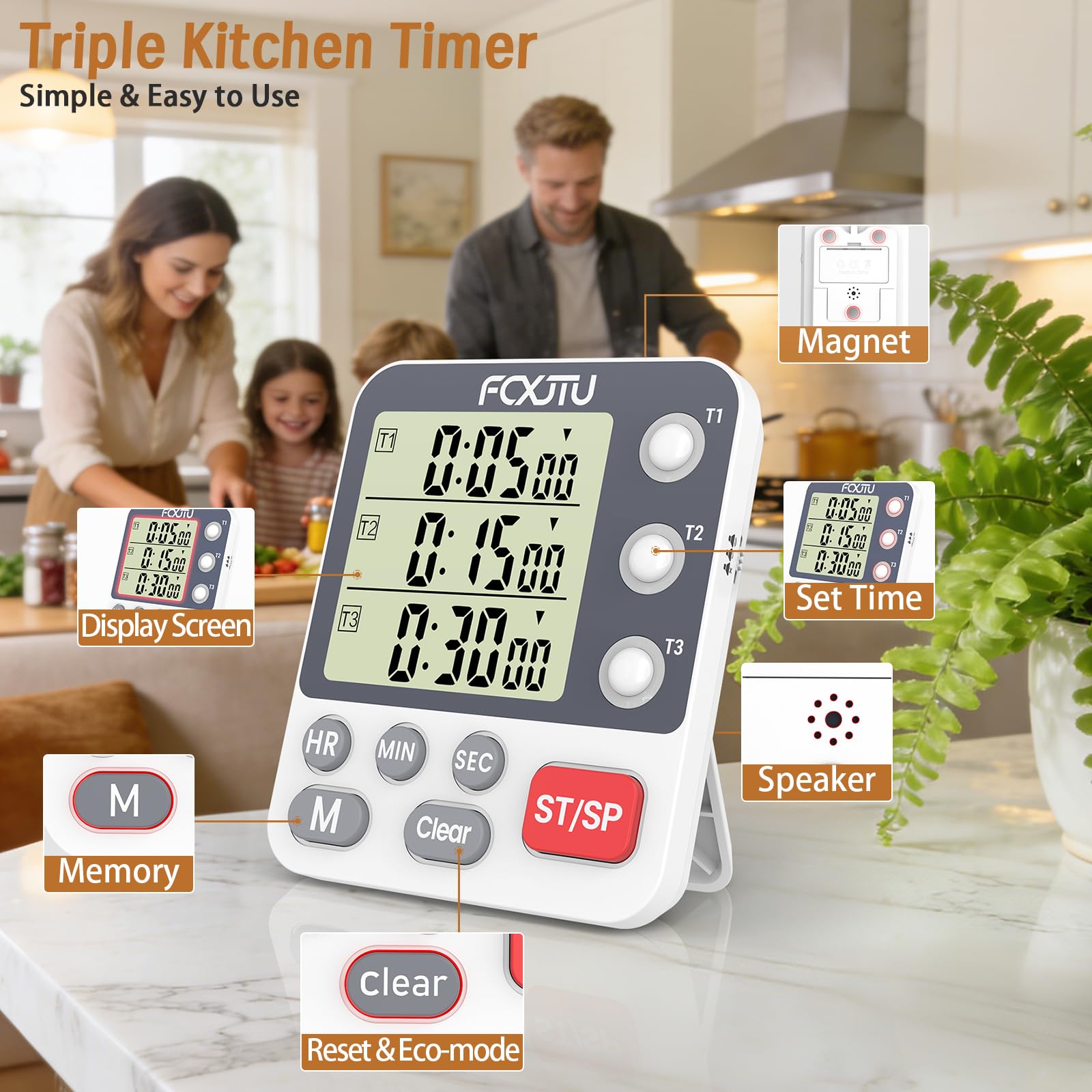 FCXJTU Digital Dual Triple Kitchen Timer, 3 Channels Count Down Timer, Cooking Timer, Large Display, Loud Alarm and Flashing Light with Magnetic Back, Stand, Battery Included (White)