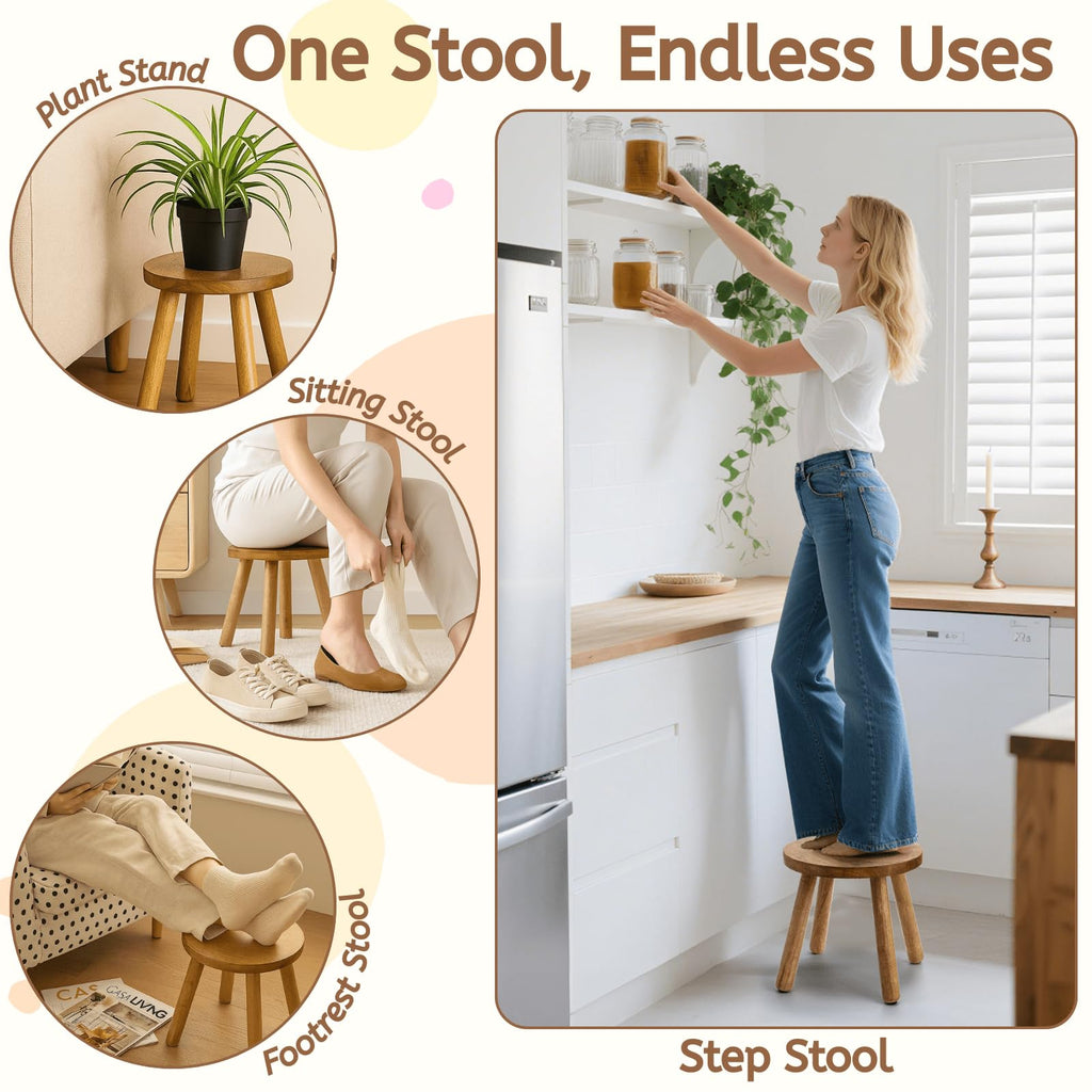 YOUEON 12 Inch Round Solid Wooden Step Stool, Non-Slip One Step Stool for Adults, Holds up to 300 Lbs, Portable & Sturdy, Footstool for Bedroom, Bathroom, Kitchen, Easy to Assemble