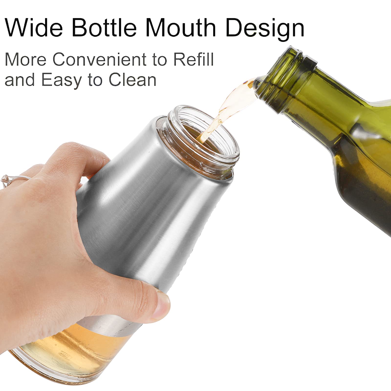 Tebery 300ml Silver Olive Oil & Vinegar Dispenser with Easy Pouring Spout, Stylish Stainless Steel with Glass Bottom, 300ml (Pack of 2)