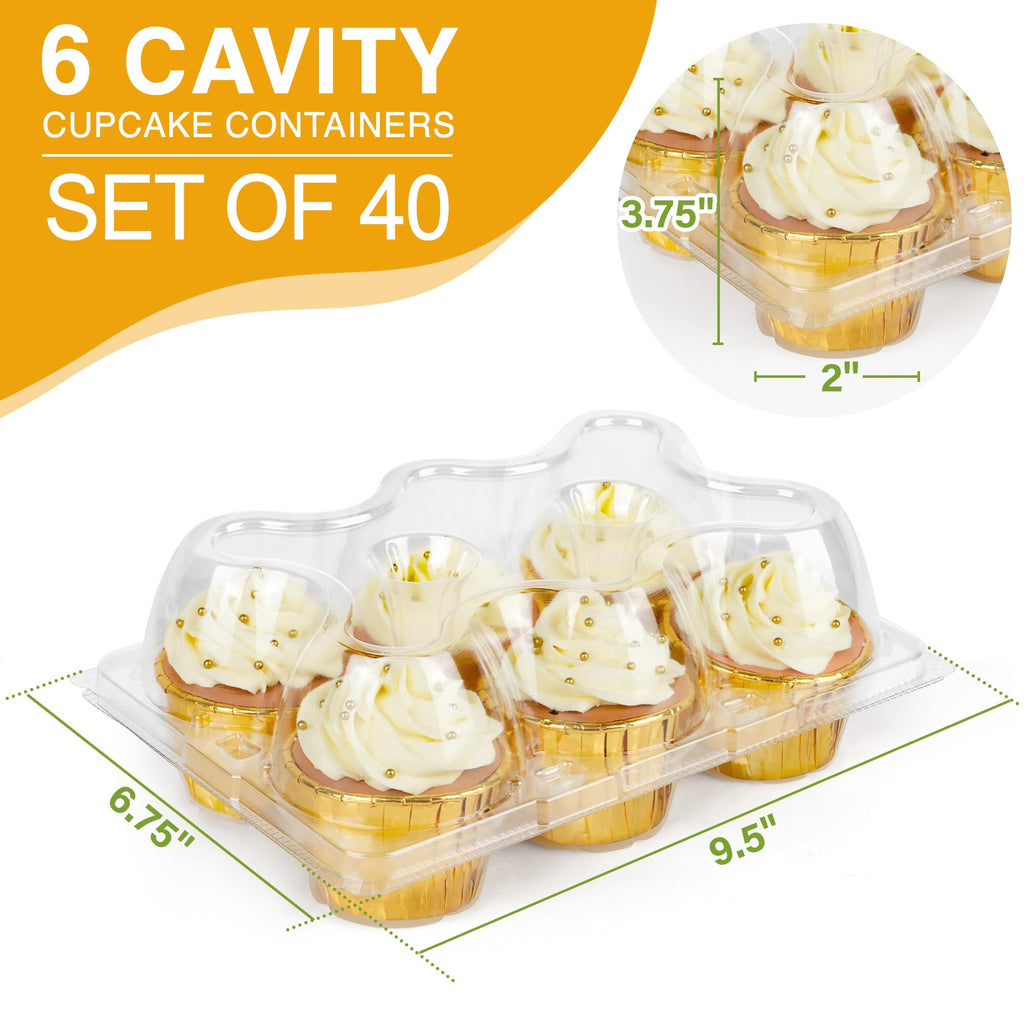 LotFancy Cupcake Containers 6 Count, 40 Sets, Half Dozen Clear Cupcake Boxes, Plastic Muffin Holders with Detachable Tall Dome Lid, Disposable Cupcake Carriers, BPA Free, Standard Size
