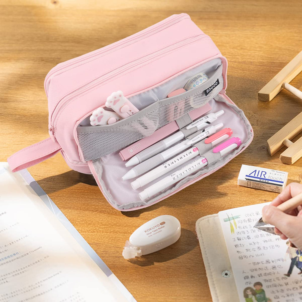Large Capacity Pencil Case 4 Compartments, Pencil Case with Zipper Portable Handle, Aesthetic Pencil Case Stationery Organizer for Office College School Teen Girl Boy Men Women (Pink)
