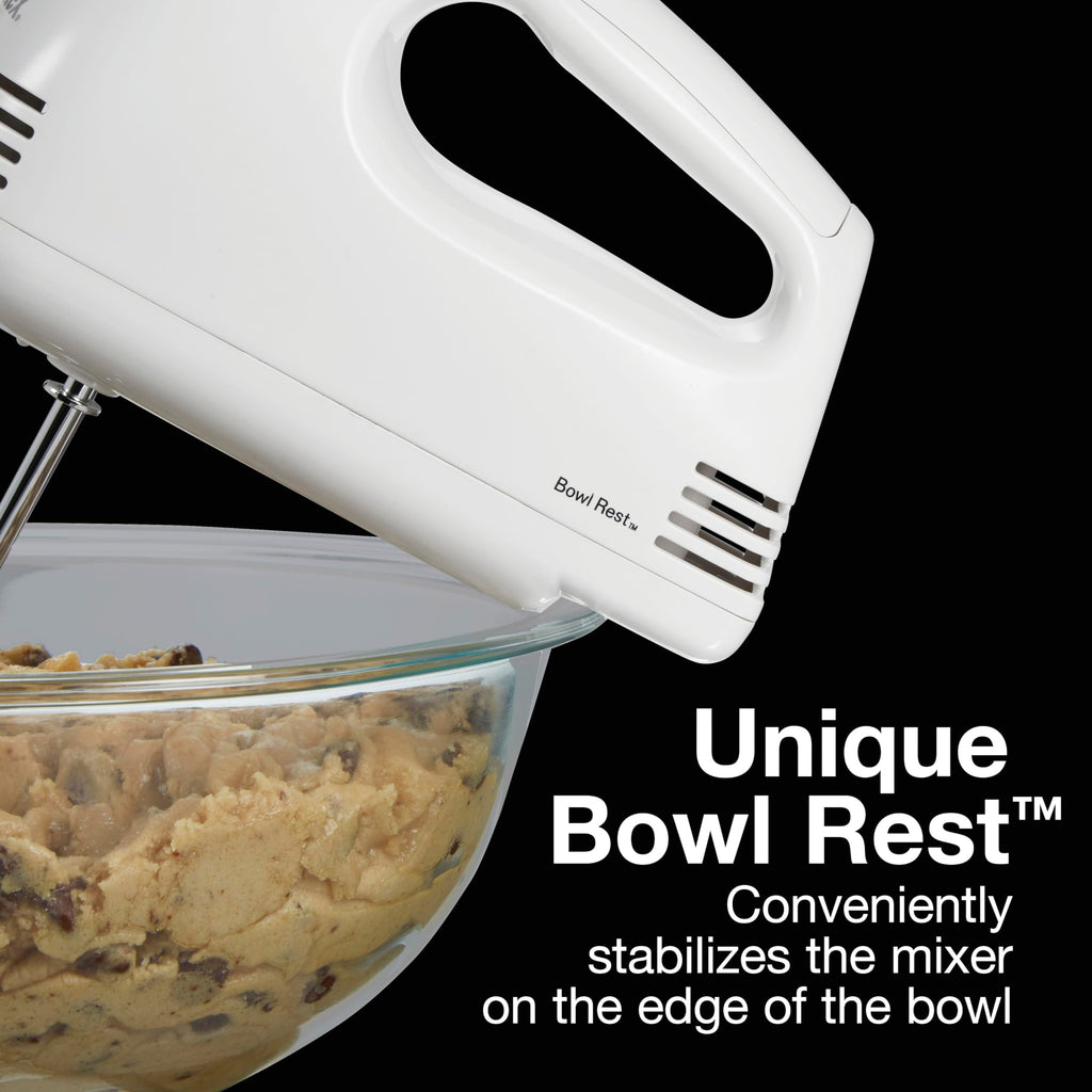 Proctor Silex Easy Mix 5-Speed Electric Hand Mixer with Bowl Rest, Compact and Lightweight, 100 Watts of Peak Power, White (62515G)
