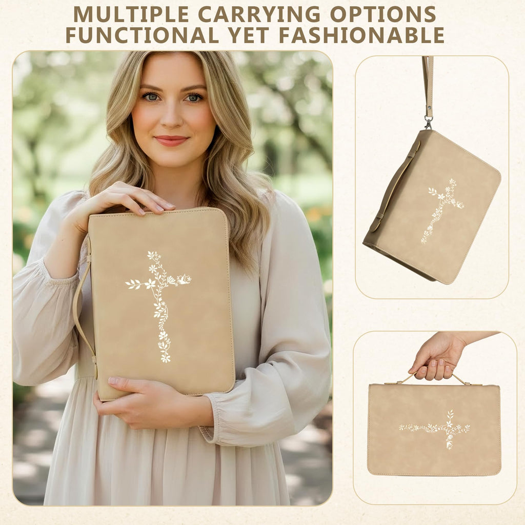 LISWIT Mother's Day Gift Bible Cover for Women, Large Bible Case - Durable PU Leather Carrying Bag Sleeve, Christian Gifts for Women, Girls, Teens (Beige/Gold)