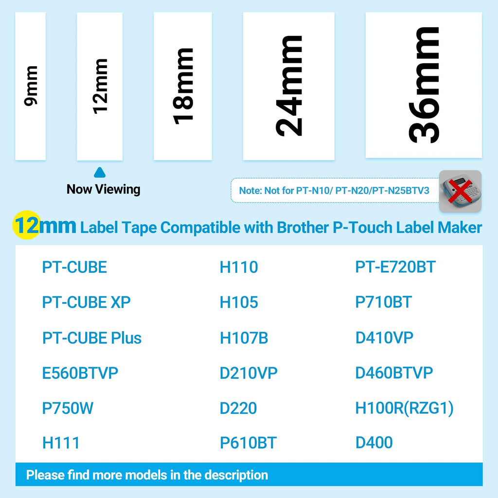 6-Pack TZe-231 Replace for Brother Label Maker Tape 12mm White Laminated Compatible with Brother P-Touch Label Tape Refills 12mm 0.47 White for PTH110 PT-D210 D220 D200 H100 D600 D400AD 1230 1280 1290
