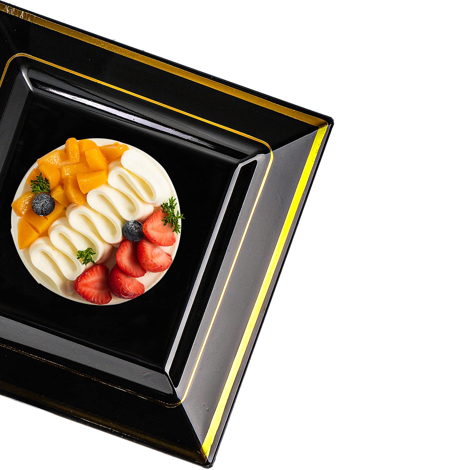 Suwimut 70 Pack Disposable Plastic Plates, Black Square Hard Plastic Plates with Elegant Gold Rim for Wedding Party, 35 Pieces 9.5 Inch Dinner Plates + 35 Pieces 6.5 Inch Dessert Plates