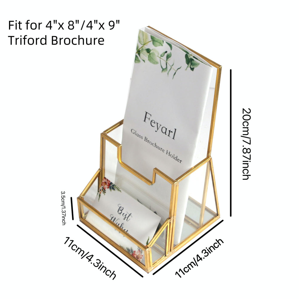 Feyarl Gold Glass Brochure Holder Pamphlets Cards Literature Holder Flyer for 4" Trifold Holder Glass Display Stand with Business Card Holder for Brochures Magazines Literatures Display