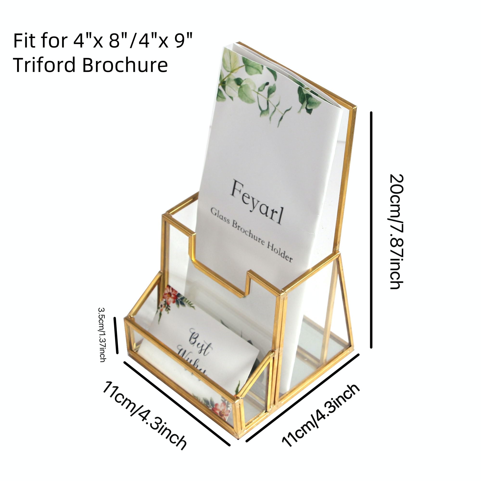Feyarl Gold Glass Brochure Holder Pamphlets Cards Literature Holder Flyer for 4" Trifold Holder Glass Display Stand with Business Card Holder for Brochures Magazines Literatures Display