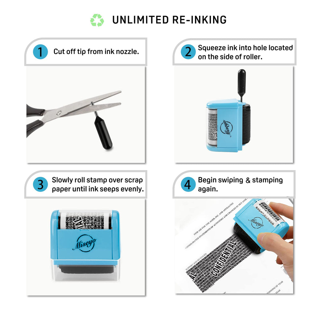 Miseyo Identity Theft Protection Roller Stamp Set - Blue (6 Refill Ink Incleded)