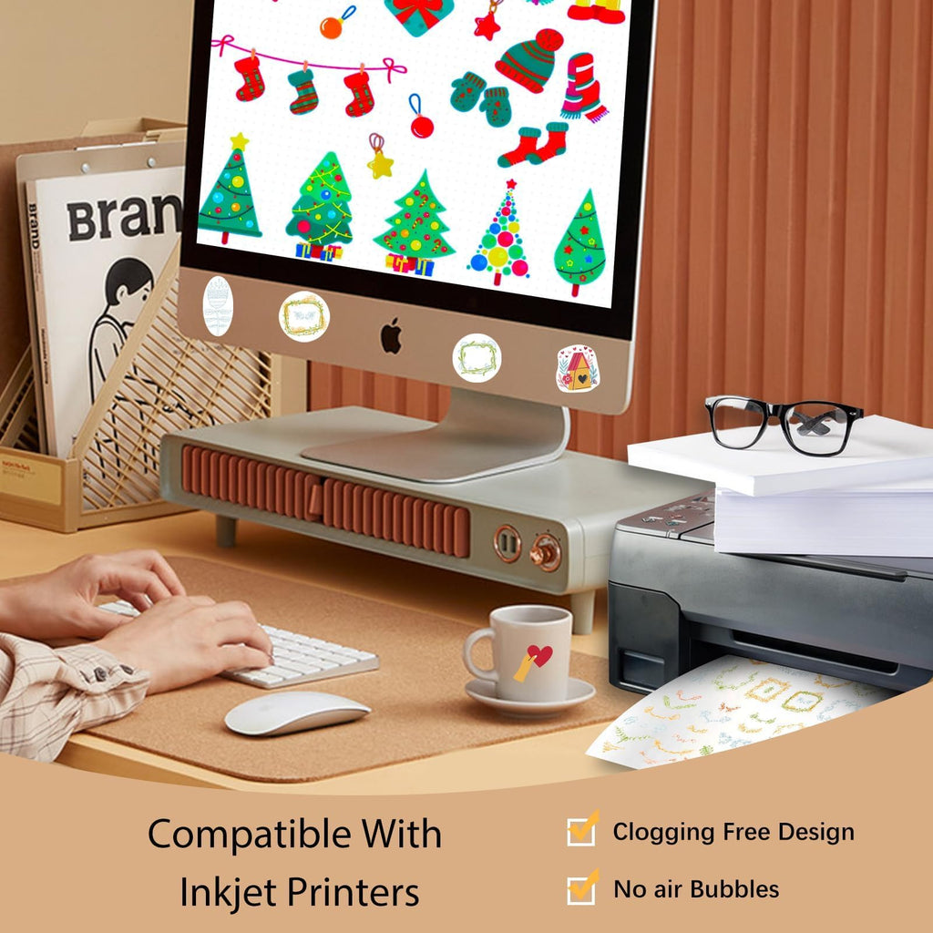 Printable Vinyl Sticker Paper for Inkjet Printer-35 Sheets Glossy White 8.5" x 11" Waterproof Labels Paper, Dries Quickly, Vivid Colors, Tear Resistant, DIY Christmas Stickers