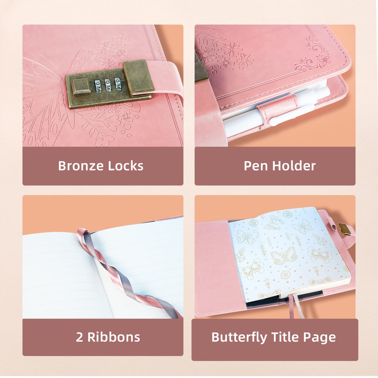 Diary with Lock, Journal for Women Girls, Vintage Refillable Secret Journal, Locking Notebook Gift for Girls with Combination Lock, 5.3'' x 7.8'' (Pink)