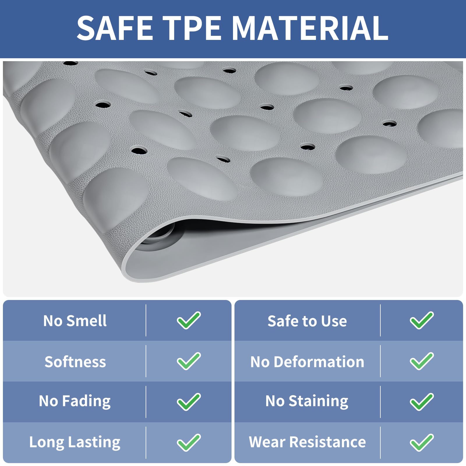 OTHWAY Extra Long Bathtub Mat, 39x 16In Shower Foot Scrubber Mat, Soft TPE Anti Slip Bath Mat for Tub, Machine Washable Shower Mat Non Slip with Big Suction Cups Drain Holes for Bathroom(L-Grey)
