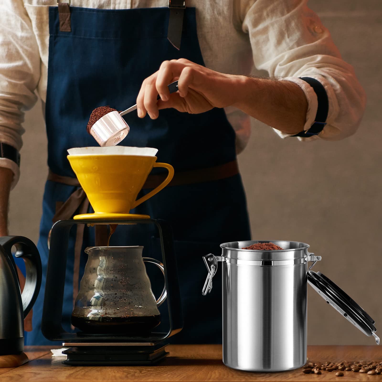 Dyserbuy Airtight Coffee Canister, Stainless Steel Coffee Beans and Grounds Storage Container with Date Tracker, Scoop, CO2 Valves, for Beans, Grounds, Tea, Sugar, Silver