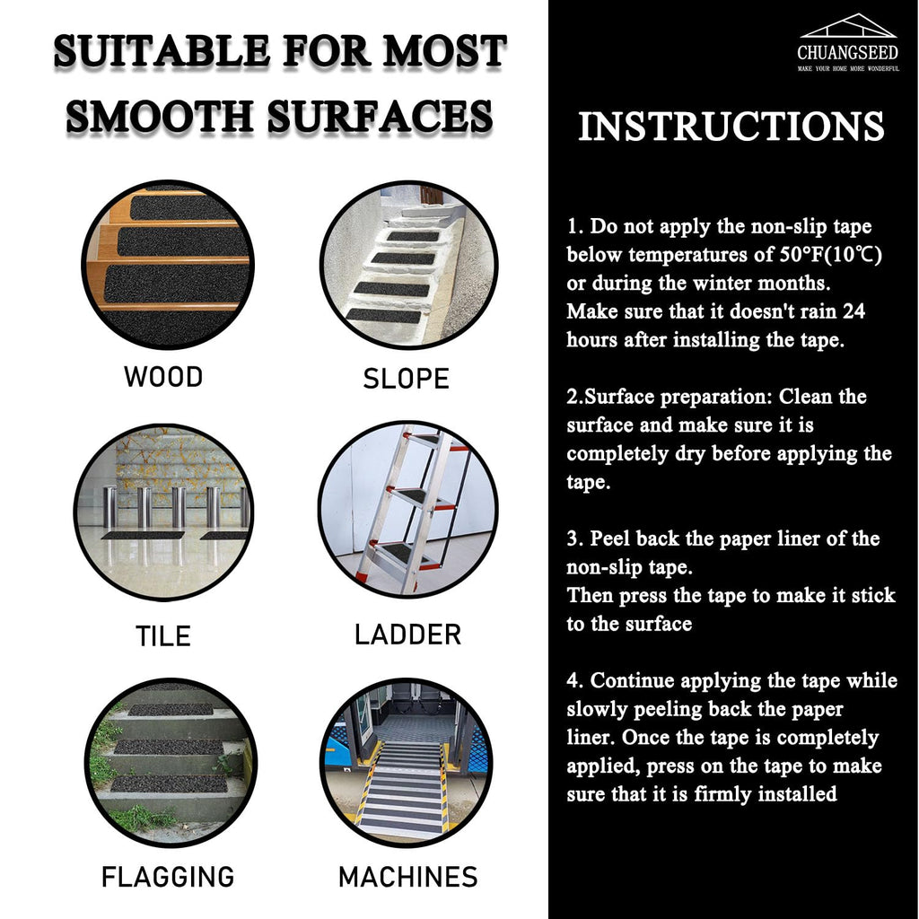 CHUANGSEED 12-Pack Non-Slip Stair Traction Tape 4''x30'' Black Anti Slip Tape 80 Grit Outdoor Treads Grip Tape- Waterproof Heavy Duty Anti Skid Strips for Steps,Deck,Staircase