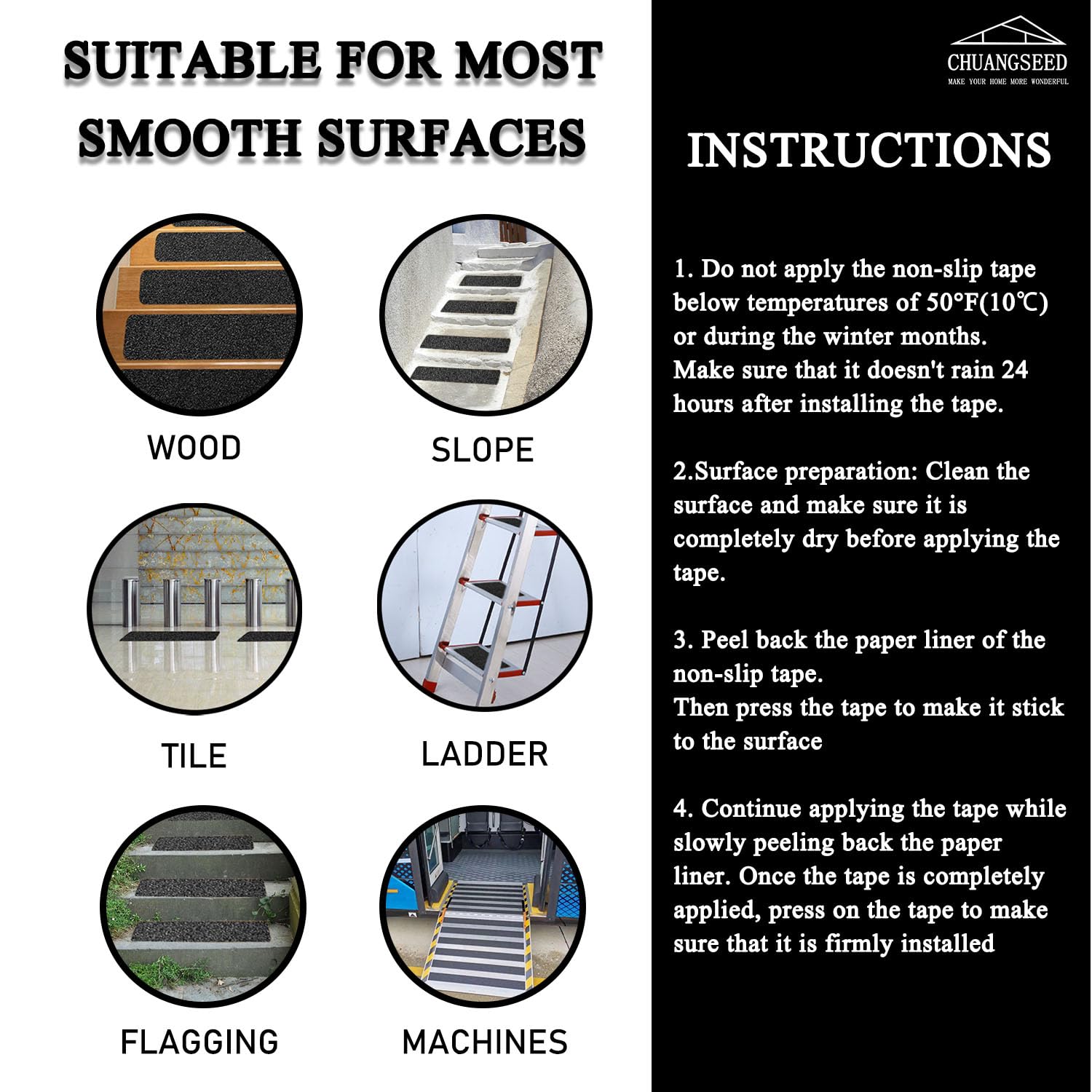 CHUANGSEED 12-Pack Non-Slip Stair Traction Tape 4''x30'' Black Anti Slip Tape 80 Grit Outdoor Treads Grip Tape- Waterproof Heavy Duty Anti Skid Strips for Steps,Deck,Staircase