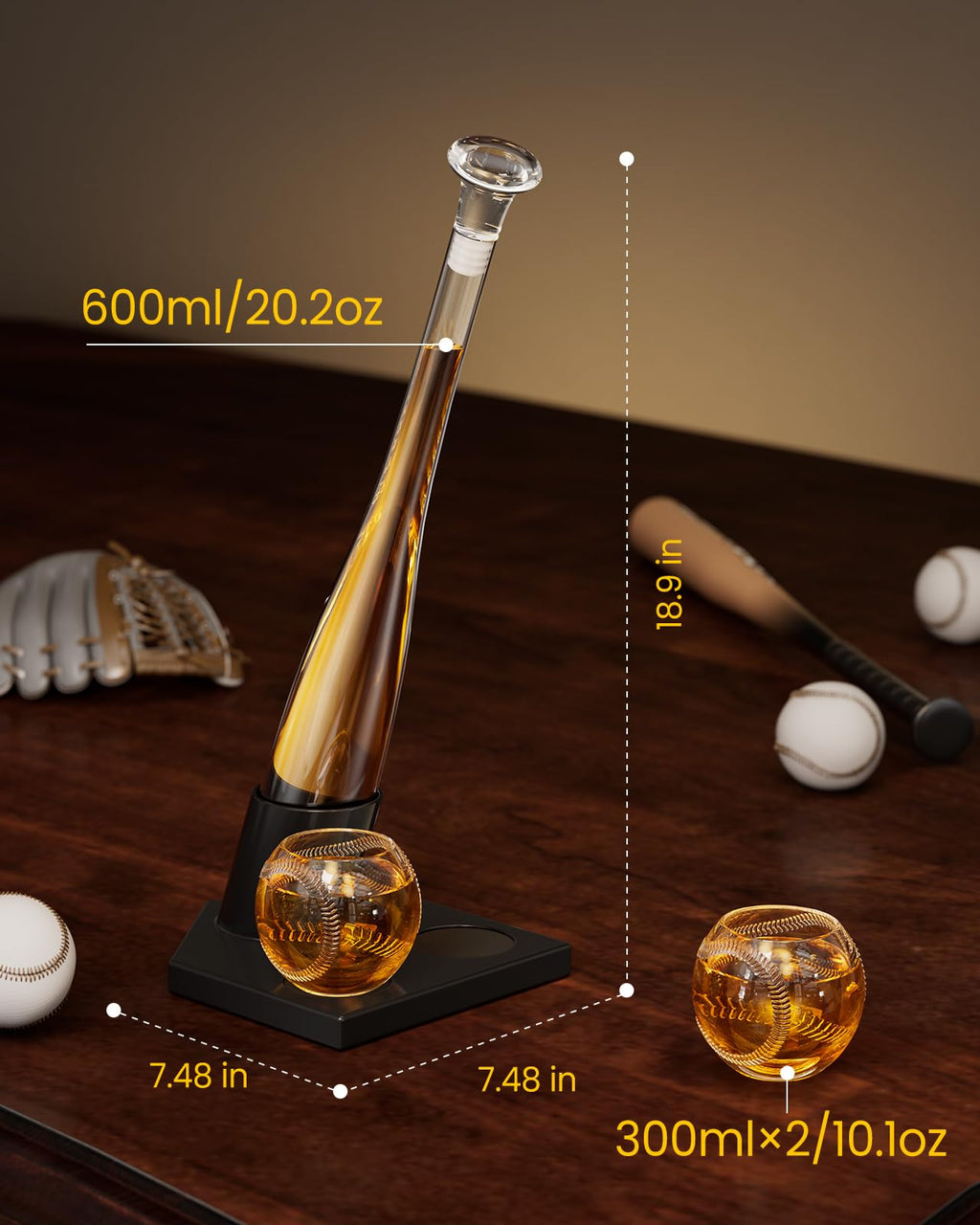 Baseball Gifts for Men, Kollea Whiskey Decanter Sets for Men, 20Oz Baseball Bat Decanter Set with 2 Glasses, Unique Christmas Birthday Gift for Men Him Brother Guys Boyfriend Coach, for Liquor Tequila