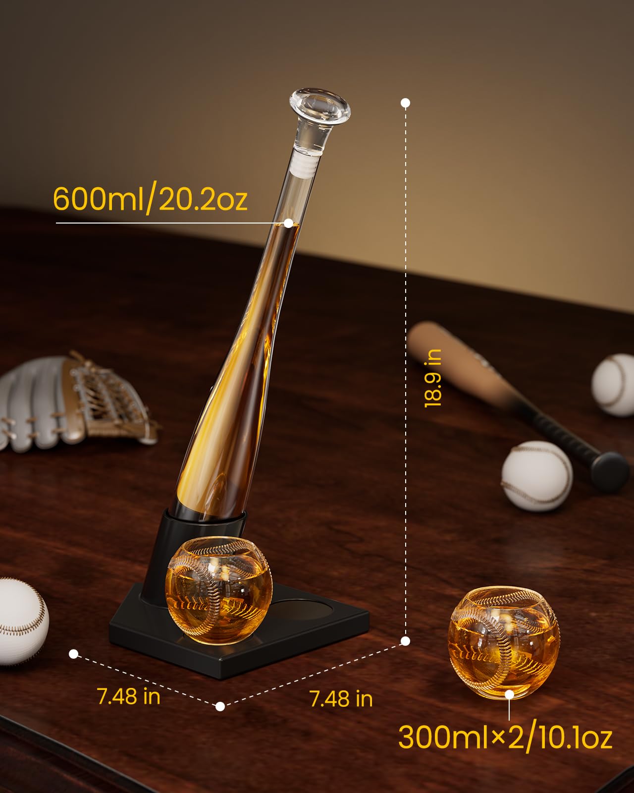 Baseball Gifts for Men, Kollea Whiskey Decanter Sets for Men, 20Oz Baseball Bat Decanter Set with 2 Glasses, Unique Christmas Birthday Gift for Men Him Brother Guys Boyfriend Coach, for Liquor Tequila